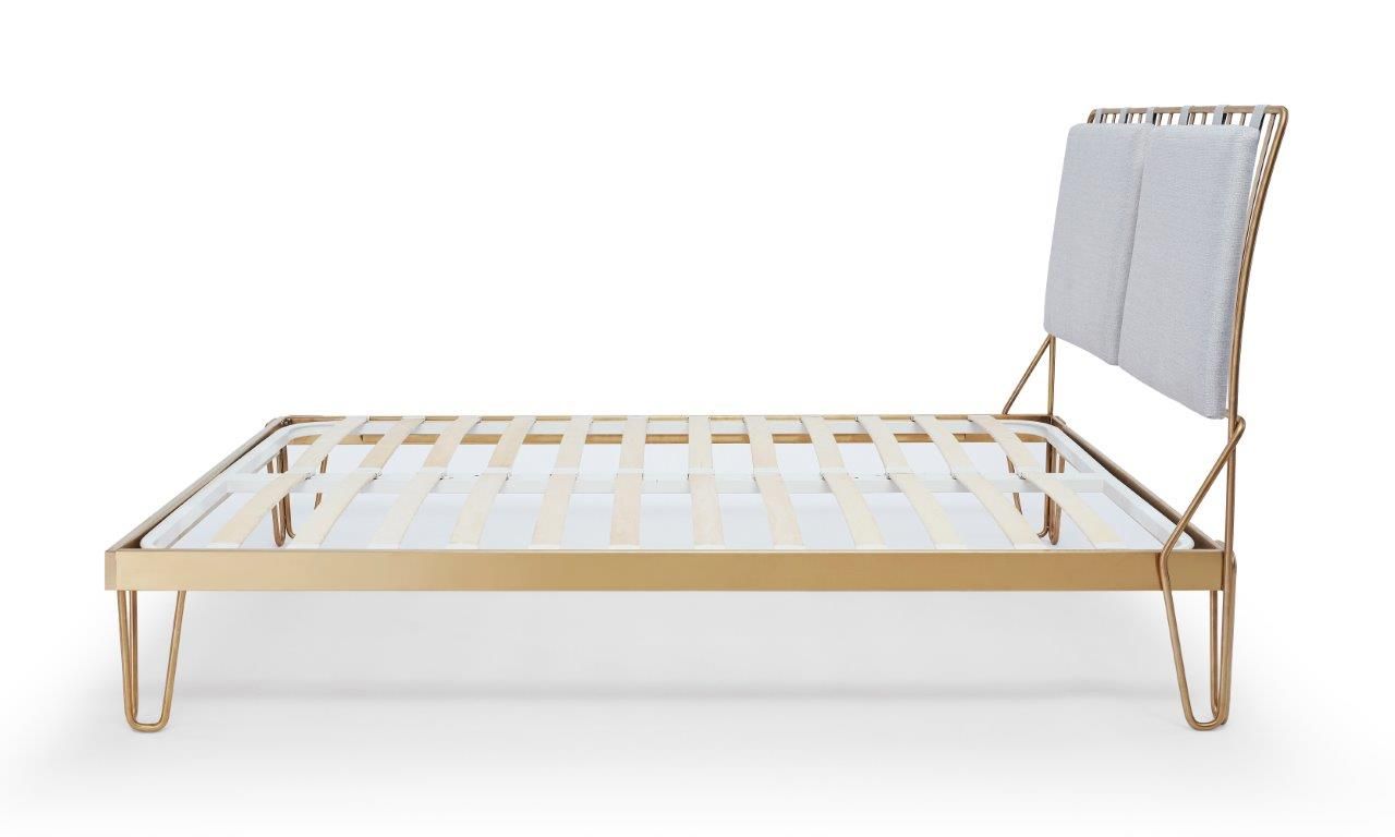 Gillmore Space Finn Double Bed Silver Upholstered & Brass Frame