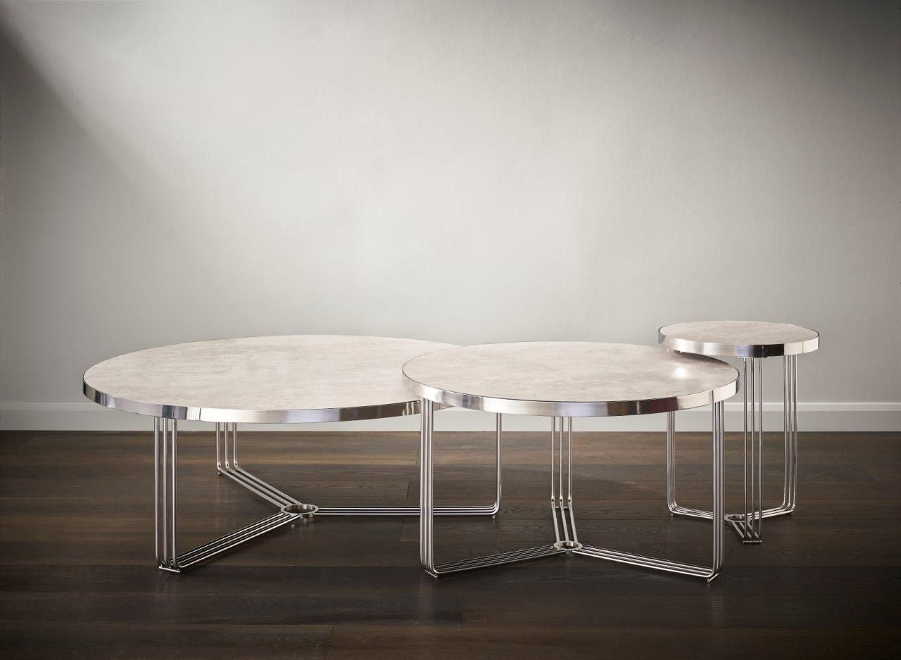 Gillmore Space Finn Large Circular Coffee Table Pale Stone Top & Polished Chrome Frame